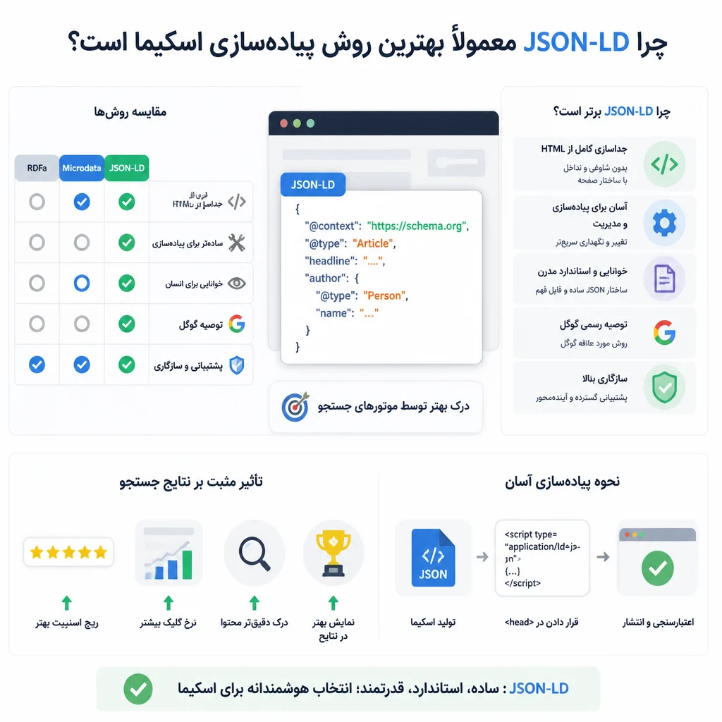 چرا JSON-LD معمولاً بهترین روش پیادهسازی اسکیما است؟ چرا JSON-LD معمولاً بهترین روش پیادهسازی اسکیما است؟