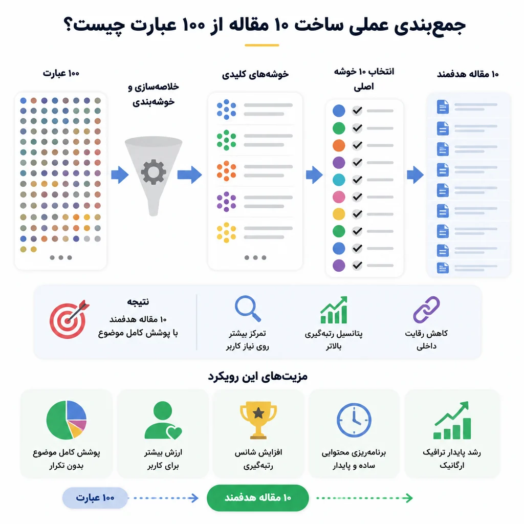 جمع‌بندی عملی ساخت ۱۰ مقاله از ۱۰۰ عبارت چیست؟
